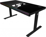 Dual-motor sit/stand adjustable-height gaming desk with built-in PC case, wireless charger, RGB lighting, control panel, and USB ports, tempered glass tabletop, black. | 5291485019211 | 5291485019211