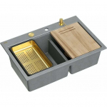 Zlewozmywak GraniteQ MARC 120 WORKSTATION zlewozmywak 2-komorowy 760*500*235 mm silver stone + syfon push to open + dozownik + deska + wkładka / elementy złote | HQC7650U5_PVDG1-QDR | 5905505508165