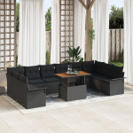 vidaXL 11-osaline aiam&ouml;&ouml;bli komplekt koos patjadega, must pol&uuml;rattan, akaatsia | 3349386 | 8721158995001
