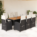 vidaXL VidaXL 9 Piece Patio Dining Set with Cushions Black Poly Rattan | 3212229 | 8721012319622