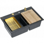 Zlewozmywak GraniteQ MARC 120 WORKSTATION GraniteQ zlewozmywak 2-komorowy 760*500*235 mm black diamond + syfon push to open + dozownik + deska + wkładka / elementy złote | HQC7650U8_PVDG1-QDR | 5905505508226