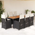 vidaXL VidaXL 9 Piece Patio Dining Set with Cushions Black Poly Rattan | 3212228 | 8721012319615