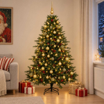Kunstkuusk koos j&otilde;ulukuuliga 240 cm 300 led-i soe valge