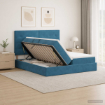 Laos voodi peaga ladustamisega tumesinine 180 x 200 cm samet