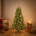 Kunstkuusk koos j&otilde;ulukuuliga 120 cm 150 led-i soe valge pvc