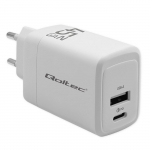 Qoltec 51825 GaN 45W charger| 5-20V | 1.5-3A | 1 x USB-C PD | 1x USB QC 3.0 | White