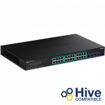 PoE Switch: 24 x 10/100/1000Mbps PoE+, 4 x 10Gbps SFP+, web smart, r&auml;kitav. 370W