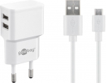 Micro USB laadija 2 x USB porti k&uuml;ljel, 100 - 240V > 5V 2.4A, valge, kaasas micro-USB kaabel