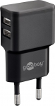 USB laadija, 2 x USB port k&uuml;ljel, 100-240V > 5V 2.4A, 5W, must