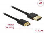 HDMI - mini HDMI kaabel 1.5m, 4K, 3840x2160@60Hz, 3D, slim, must