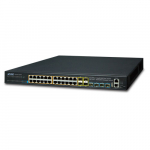 Switch: 24 x 10/100/1000Mbps PoE+, 4 x SFP+, 1 x RJ-45 console, Stackable, Layer 3, r&auml;kitav