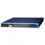 Switch: 24 x 10/100/1000Mbps PoE+, 4 x SFP+, 1 x RJ-45 console, Layer 3, -40 kuni 75&deg;C