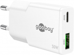 USB laadija 1 x USB-C PD GaN max. 30W, 1x USB-A, max. 18W, slim, valge