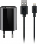 USB laadija 1 x USB, 100-240V > 5V, 1A + Apple Lightning kaabel, must