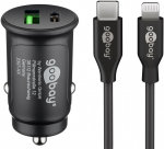 USB Autolaadija 1 x USB-C PD (27W), 1 x USB-A QC, 3A, kaasas USB-C - Lightning kaabel 1.0m, must