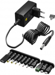 Universaalne toiteplokk, 3-12V, 0.3A, 3.6W, 1x USB-C, 1xUSB-A, 1x USB micro + 7 DC adapterit, must