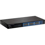 Switch: 24 x 10/100/1000Mbps, 4 x shared SFP, 1 x RJ-45 console, SNMP, RSTP, MSTP, Layer 2, r&auml;kitav