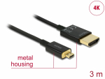 HDMI - micro HDMI kaabel 3.0m, 4K 3840x2160@60Hz, slim, must