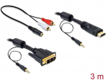 HDMI - DVI-D Dual Link kaabel + 3.5mm 3.0m, kullatud, ferriitidega