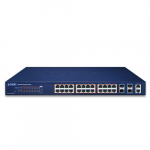 Switch: 24 x 10/100/1000Mbps PoE+, 4 x SFP+, 1 x RJ-45 console, Stackable, Layer 2+, r&auml;kitav