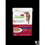 NATURAL TRAINER CAT SALMON 85G - t&auml;isv&auml;&auml;rtuslik toit t&auml;iskasvanud kassidele, konservid t&uuml;kkideks želees koos l&otilde;he, kana liha ja j&otilde;hvika lehe ekstraktiga.