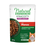 NATURAL TRAINER WET CAT STRACCETTI STERILIZED BEEF 85 G - t&auml;ielikult tasakaalustatud toit t&auml;iskasvanud steriliseeritud kassidele, veiseliha t&uuml;kid kastmes.