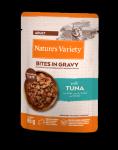 NATURE`S VARIETY Cat Bites in Gravy with Tuna 0.085 kg - t&auml;isv&auml;&auml;rtuslik toit, konservid t&auml;iskasvanud kassidele. Aurutatud tuunikalat&uuml;kid &otilde;rnas kastmes.