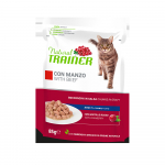 NATURAL TRAINER CAT BEEF 85G - t&auml;isv&auml;&auml;rtuslik toit t&auml;iskasvanud kassidele, konservid t&uuml;kkidega želees veiseliha, kanaliha ja j&otilde;hvikalehe ekstraktiga.