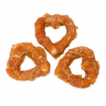HAU & MIAU rawhide hearts wrapped in chicken 7-8cm 500g - T&auml;iendav toit t&auml;iskasvanud koertele, kana lihas m&auml;hitud nahast s&uuml;damed