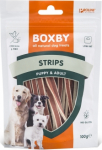 BOXBY STRIPS FOR DOGS 100G - t&auml;iends&ouml;&ouml;t kutsikatele alates 3 kuust ja t&auml;iskasvanud koertele, kanaliha ja kalaga.