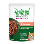 NATURAL TRAINER WET CAT STRACCETTI STERILIZED SALMON 85 G - Terviklik toit steriliseeritud t&auml;iskasvanud kassidele, l&otilde;he t&uuml;kid kastmes.