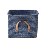 Rice - Small Square Raffia Basket with Leather Handles - Blue