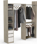 Kit Dressing Extensible D'Angle Ouvert & Modulable 3 Tiroirs 3 Barres De Penderie - Coloris Ch&ecirc;ne & Blanc - 199.7 x 43.9 x 218.3 cm, Oak
