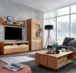 Living Room Furniture Set Solid Beech Heartwood Oiled with Wall Shelf, Lowboard, Display Cabinet, Coffee Table and LED Lighting, 5-Piece - Real Wood/Solid Wood, Soft Close, Handle-Free