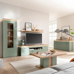 Lomadox 5 Piece Living Room Set with TV Cabinet & Display Cabinet with LED Accent Lighting, Green with Oak - Modern
