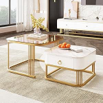 BTM virnastatav kohvilaud: K&otilde;rge l&auml;ikiv marmori v&auml;limus ja teepruun klaasplaat, kuldsed aktsendid, sahtlitega k&uuml;ljelaud. Komplektis 2