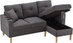 Azkoeesy L-kujuline diivan lamamistooli ja hoiuruumiga - kaasaegne 3-kohaline nurgadiivan joogihoidjaga, 2 padjaga - 175 x 129 x 90 cm - elutuppa / kontorisse (tumehall)