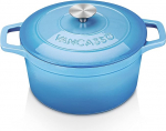 vancasso Round Cast Iron Casserole with Enamel Coating, Dutch Oven with Lid, 24 cm Diameter, Induction Braising Pan, Cast Iron Roaster, Suitable for all Types of Hobs, Cream-Blue, 4 Litres