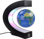 Magnetic Floating Globe with Coloured LED Lights, C Shape, Anti-Gravity Magnetic Levitation, Rotating World Map for Gift, Home, Office, Desk Decoration (With Switch, Blue)