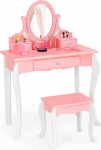 GOPLUS Children's Dressing Table with Mirror, Princess Dressing Table with 3 Drawers and 2 Shelves, Wooden Cosmetic Table with Stool, Make-Up Table Girls (Pink)