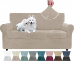 ZNSAYOTX Luxury Velvet Couch Cover 4 Pieces Stretch Sofa Covers for 3 Cushions Couch Thick Soft Spandex Sofa Covers Living Room Non-Slip Dogs Pet Furniture Protector Khaki 71"-91"(3