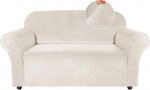 Turquoize Samt-Sofa-Schonbezug Stretch Couch-Bez&uuml;ge f&uuml;r 2 Kissen Couch Loveseat Bezug mit rutschfesten Tr&auml;gern, M&ouml;belschutz, Couch-Bez&uuml;ge f&uuml;r Hunde, Form Fit Couch Schonbezug (Medium, Elfenbein)