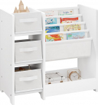 Lestarain Children's Room Shelf, Toy Organiser, Shelf for Children's Room, Playroom, with 3 Storage Boxes, 4 Hanging Compartments, 1 Compartment, Made of Solid MDF Wood, White, 65 x 60 x 30 cm (W x H