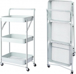 Megashopitalia Kitchen Trolley Folding Multi-Purpose Handle with 3 Shelves 4 Wheels and Metal Brake Space Saving White
