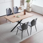 S&ouml;&ouml;gilaud koos 4 tooliga, s&ouml;&ouml;gitoa komplekt, 140 x 78 x 77 cm, ristk&uuml;likukujuline puidust s&ouml;&ouml;gilaud, 4 tooli k&otilde;rge seljatoega, mustad Meta jalad, helepruun laud + hallid toolid.