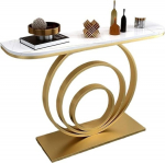 Kitsas kaasaegne fuajee diivanilaud - pikk poolringikujuline konsool kiltkivimarmorist viimistlusega ja riiulitega - stiilne sissep&auml;&auml;sudekoratsioon koju ja hotellile