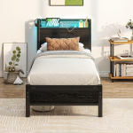 MOFLUT Einzelbettgestell mit Holzaufbewahrung Kopfteilablage, 91 cm Holzbettrahmen Einzelbett mit Ladestation/USB-Anschl&uuml;ssen und LED-Lichtern, Schwarz