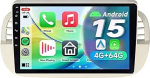 9-tolline Android 15 autoraadio Fiat 500 2007-2015, 4 + 64 GB, juhtmevaba Apple CarPlay & Android auto, GPS Navi, Bluetooth, WiFi, IPS puuteekraan, tagurduskaamera &uuml;hendus, rooliratas