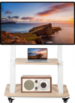 Mobiilne teleri statiiv Rolling TV ostukorvi 32-75-tollise teleri statiivile, mis on ratastega veeretav lame/kaarjas LED/LCD/OLED k&otilde;rgus reguleeritav raskeveokorruseline kaasaskantav p&otilde;randaplatvorm puidust riiuliga, mis mahutab kuni 100 naela valge