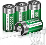 USB D aku liitium / 15000 mWh - 4 USB D aku 1,5 V USB D-elemendi akude pakett Laetav aku kiirlaadimine 4 tunniga koos C-t&uuml;&uuml;pi laadimiskaabliga